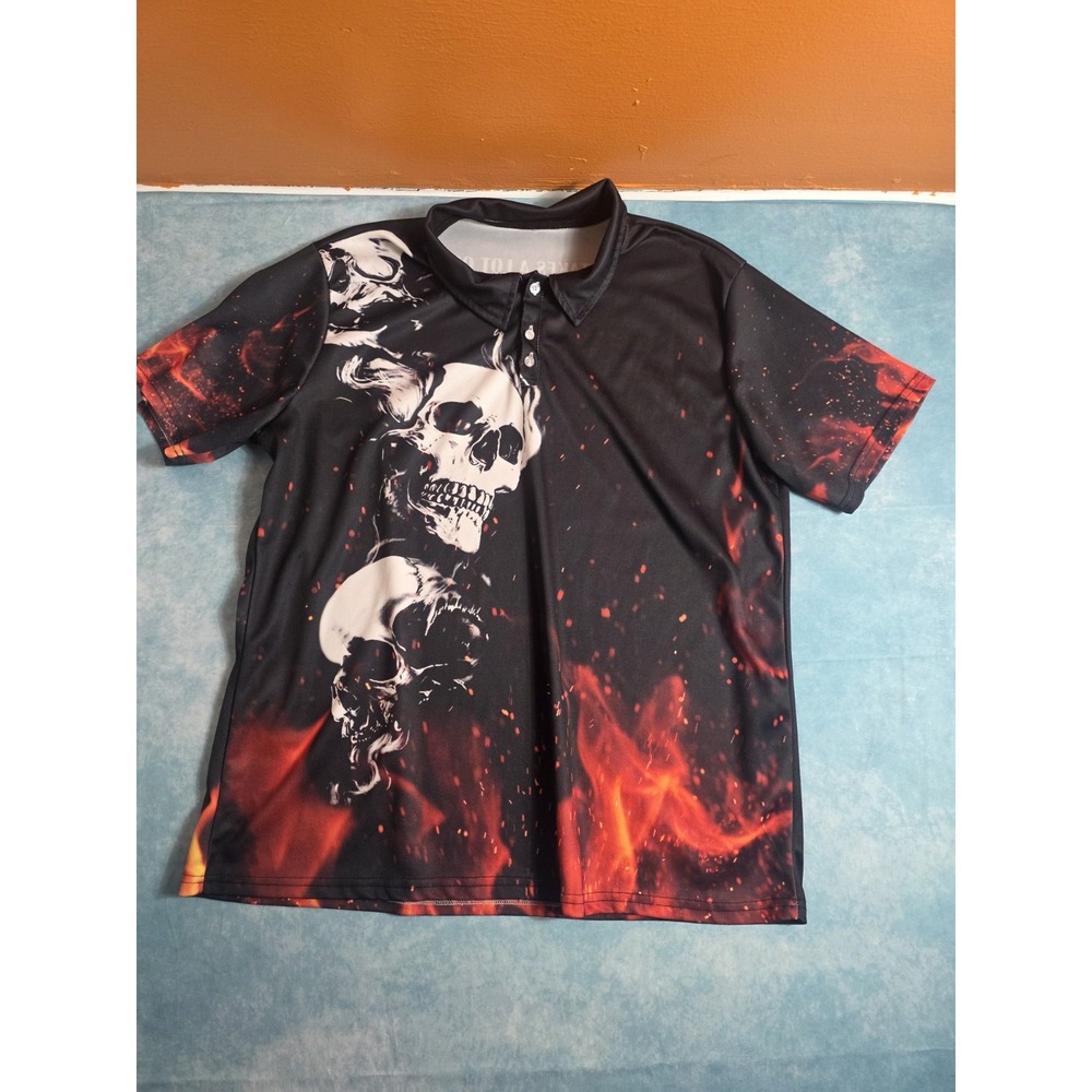 MODERN FLAMING SKULLS NOVELTY GOLF POLO SHIRT SIZE XL